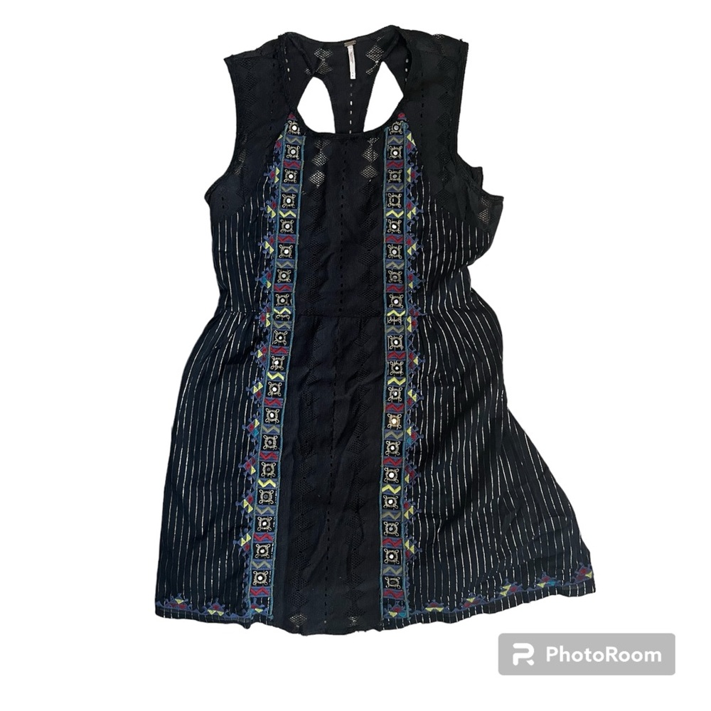 FREE PEOPLE Size 4 Black Water Lily Aztec Mirror Embroidered Pinstripe Dress